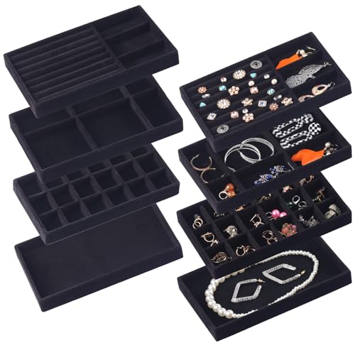 CDBOVID Set of 8 Velvet Jewelry Drawer Organizer Inserts, Stackable Trays with Removable Dividers, Earring and Ring Holder Display for Dresser, Storage Case for Necklace Bracelet Watch - Black - Image 1
