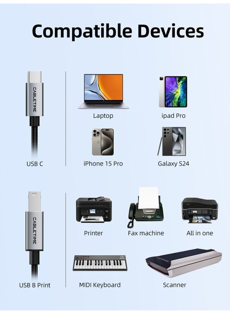 CABLETIME USB C TO USB B 2.0 PRINTER CABLE MIDI CABLE COMPATIBLE WITH YAMAHA PIANO - Image 2