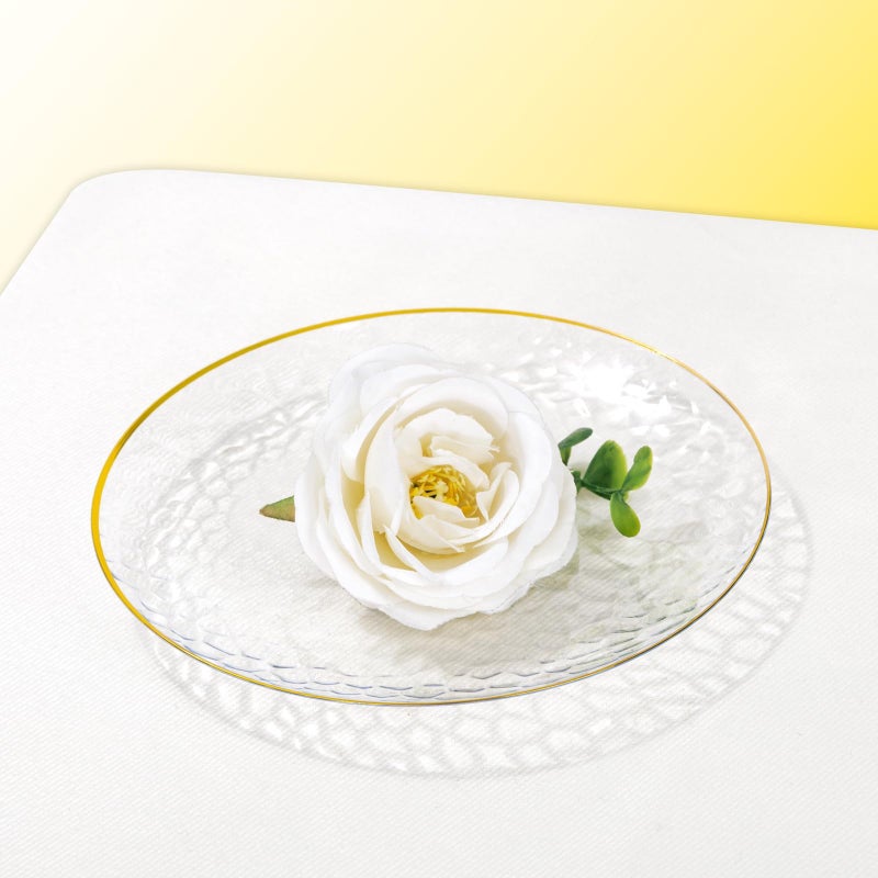 Rubtlamp 100 Pcs Clear Gold Plastic Plates  Hammered Party Plates  Clear Disposable Dessert Platos Clear Gold Platos 7 Inch  Heavy duty Gold Plastic Dessert Platos Disposable For All Occasions - Image 2