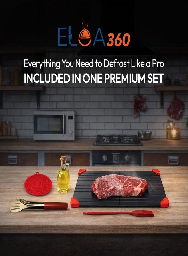 صينية إذابة الثلج Eloa360، صينية إذابة سريعة للحوم المجمدة، لوح إذابة، لوح ألومنيوم لإذابة الثلج مع منظف سيليكون، رباط تعليق، ستانلس ستيل، ملقط وفرشاة زيت 33.5 × 22.5 - Image 5