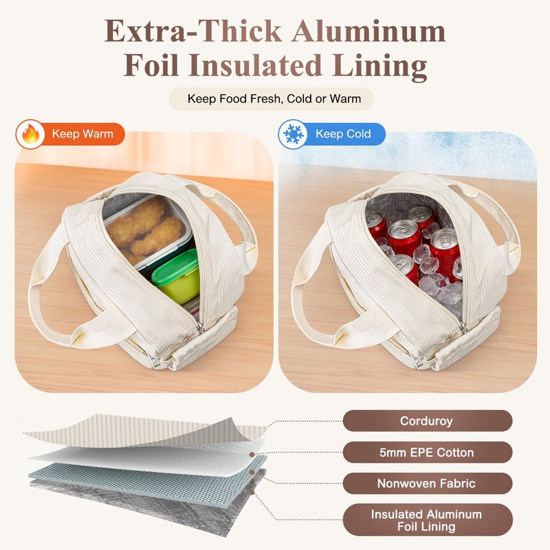 KUBYA Lunch Bag Lunch Box for Women, Cute Corduroy Insulated Reusable Work Leakproof Simple Adults Large Lunch Boxes Tote Bag Men Cooler Bag - Image 2