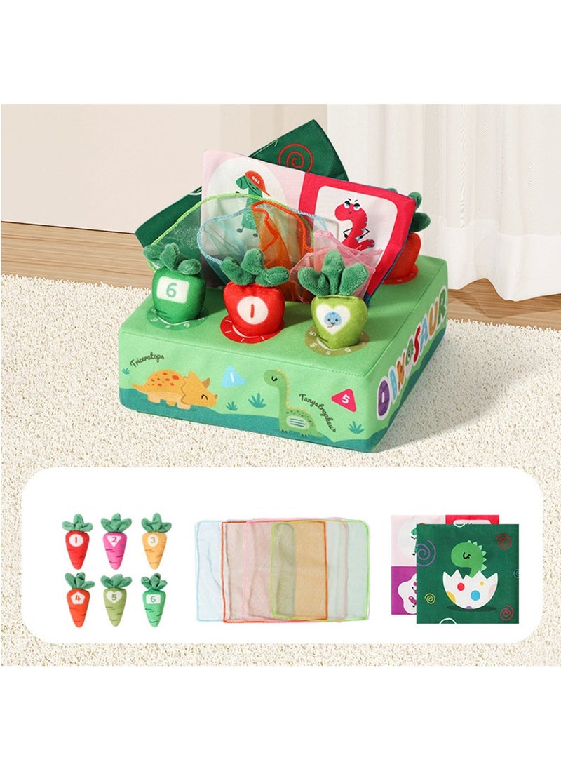 Hihonor 2 in1 Baby Tissue Box Toy with Carrot Pulling and Extract tissue paper - Includes 6 Carrots, 4 Ultra-soft Tissues, and 2 Crinkle Papers - Encourages Sensory Development, Hand-eye Coordination (Dinosaur) - Image 1