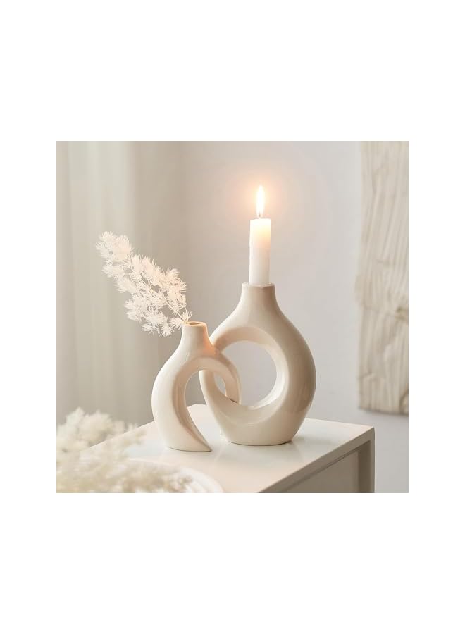 The Bros White Ceramic Candle Holder, Modern Candle Holder for Table, Minimalist Candle Holders for Living Room, Decorative Taper Candle Holder for Wedding, Dinner, Party, Diwali, Ivory - Image 2