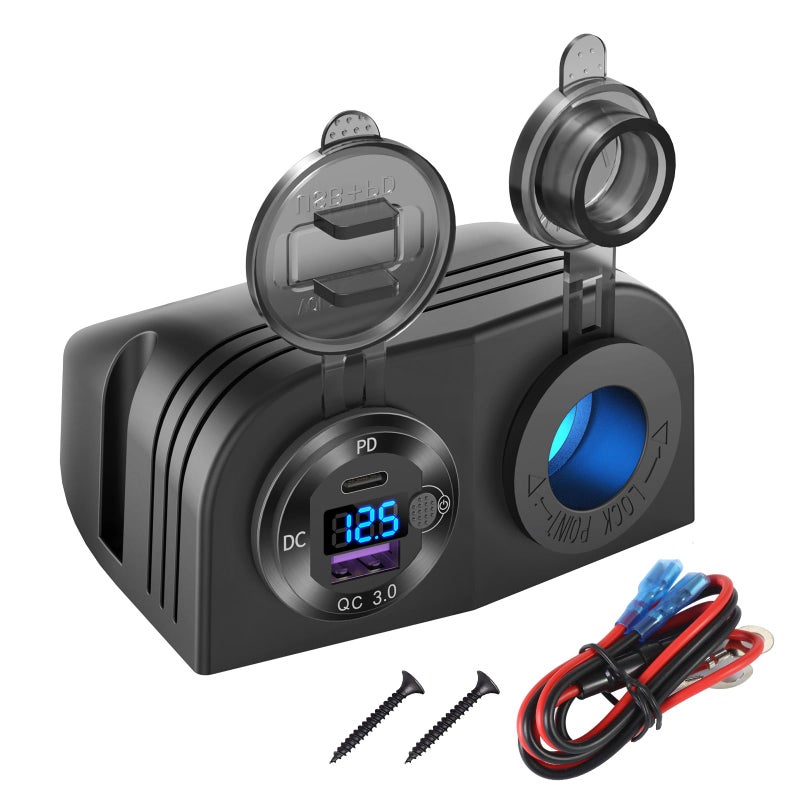 Hapytrip Tent Type Panel 12V USB Outlet Lighted Cigarette Lighter Socket PD30 QC30 Car USB Port Aluminum Charger with LED Voltmeter Switch Waterproof Power Panel Adapter DIY Kit for Car Boat Marine RV - Image 3