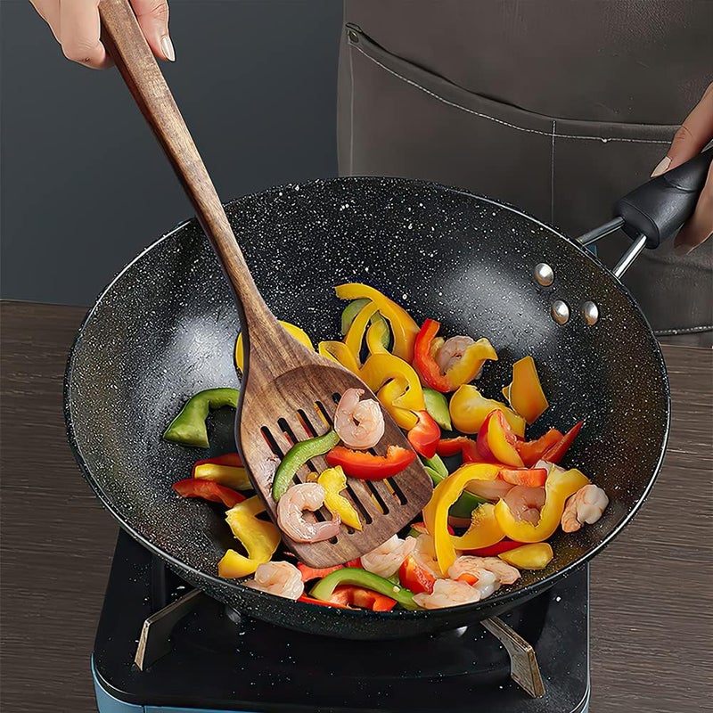 AYFDISHS مجموعة أدوات خشبية للمطبخ، ملاعق طهي من خشب الأكاسيا الطبيعي المصنوعة يدويًا ، ملعقة خشبية مشقوقة لأواني الطهي غير اللاصقة، مجموعة من 2 - Image 4