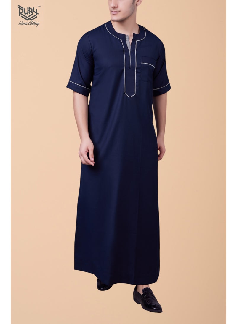 روبي للملابس الإسلامية ثوب رجالي بأكمام قصيرة وياقة دائرية تقليدي جلابية | رداء للرجال | جبة | كندورة | أزرق كحلي - Image 1