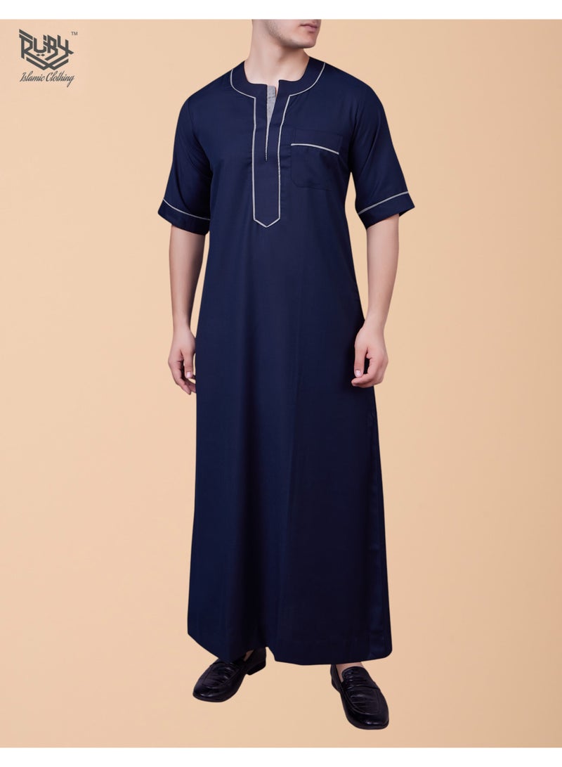 روبي للملابس الإسلامية ثوب رجالي بأكمام قصيرة وياقة دائرية تقليدي جلابية | رداء للرجال | جبة | كندورة | أزرق كحلي - Image 2