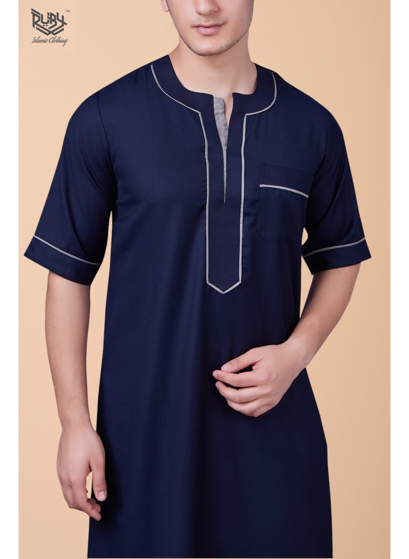 روبي للملابس الإسلامية ثوب رجالي بأكمام قصيرة وياقة دائرية تقليدي جلابية | رداء للرجال | جبة | كندورة | أزرق كحلي - Image 4