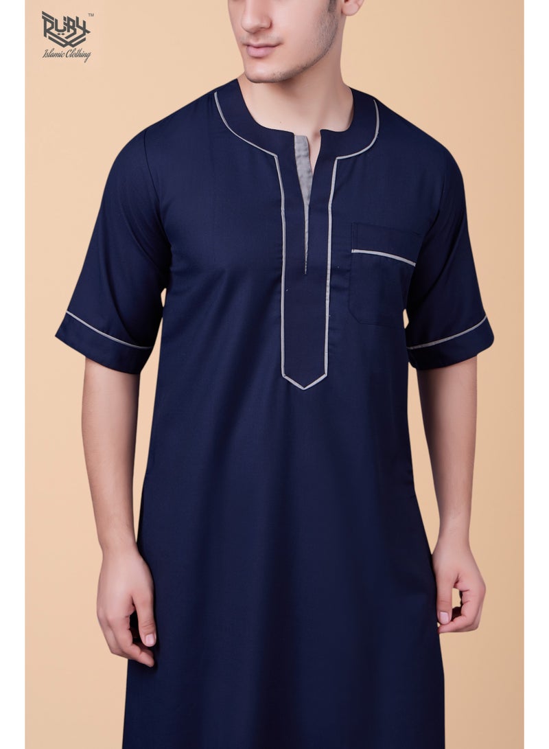 روبي للملابس الإسلامية ثوب رجالي بأكمام قصيرة وياقة دائرية تقليدي جلابية | رداء للرجال | جبة | كندورة | أزرق كحلي - Image 3