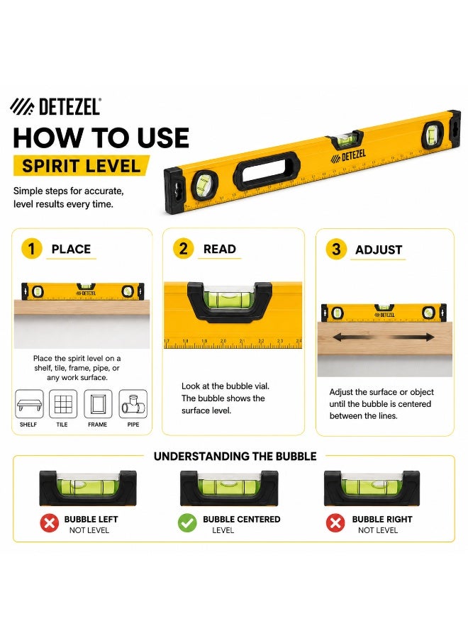 Denzel Magnetic Aluminum Spirit Level 40 Inch / 1000mm, Box Profile Bubble Level Tool For Construction, Carpentry, Tiling, Plumbing & DIY - Image 3