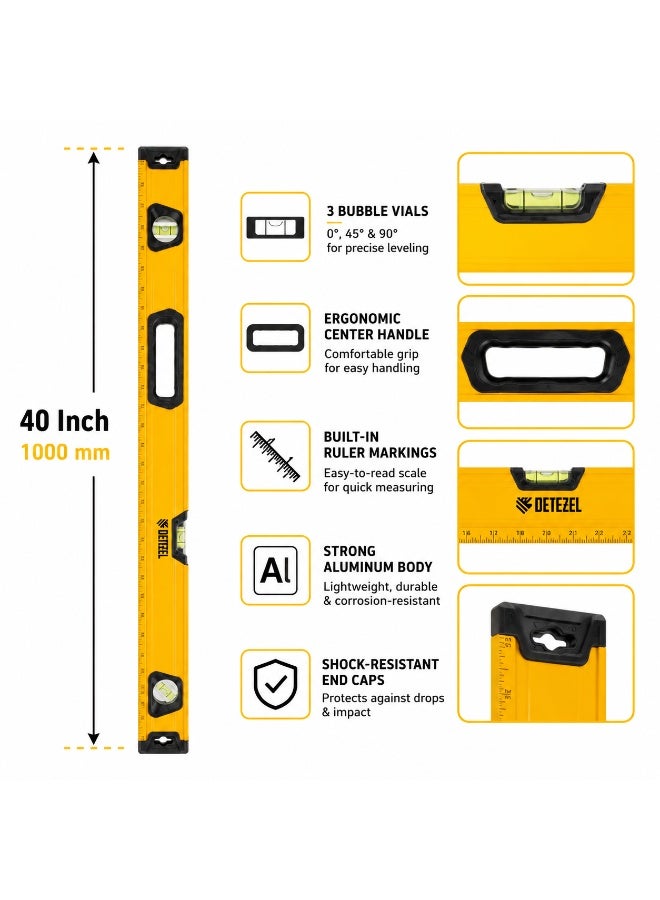 Denzel Magnetic Aluminum Spirit Level 40 Inch / 1000mm, Box Profile Bubble Level Tool For Construction, Carpentry, Tiling, Plumbing & DIY - Image 2