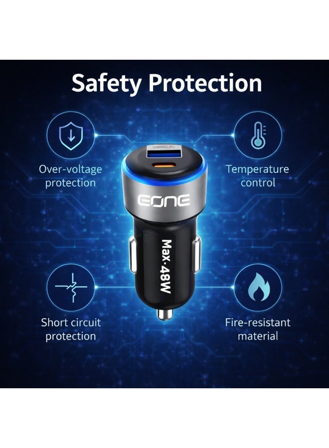 إيون شاحن سيارة EONE بقوة 48 واط، منفذ مزدوج USB-C PD بقوة 30 واط وUSB-A QC بقوة 18 واط، محول شحن سريع للسيارة لأجهزة iPhone وSamsung والأجهزة اللوحية، شاحن سيارة صغير الحجم - أسود - Image 2
