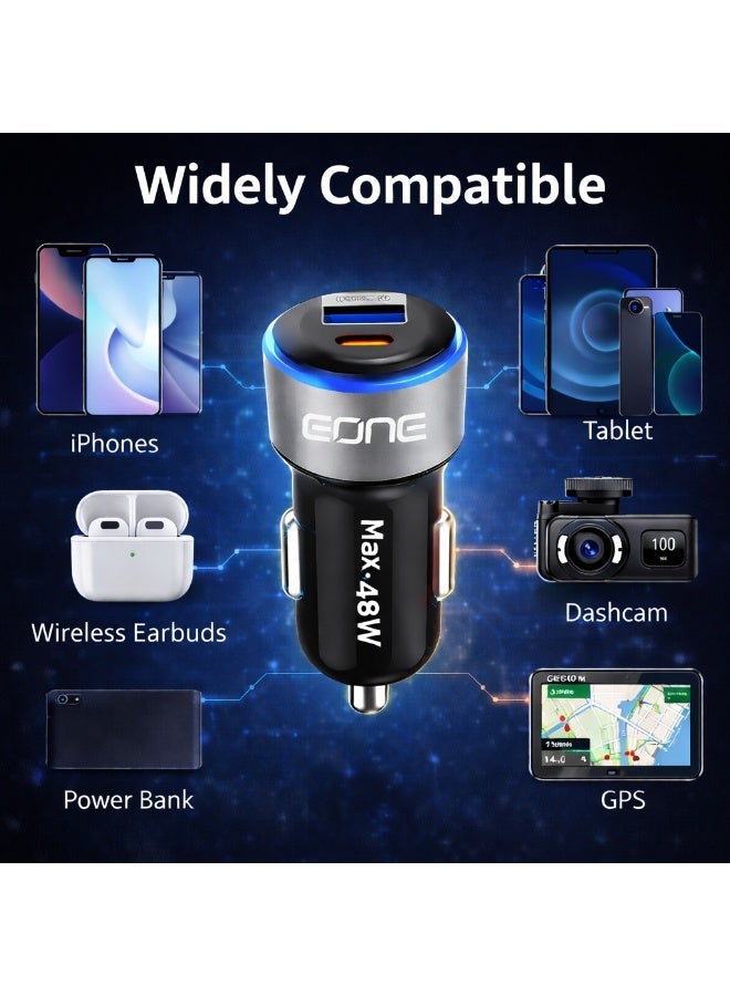 إيون شاحن سيارة EONE بقوة 48 واط، منفذ مزدوج USB-C PD بقوة 30 واط وUSB-A QC بقوة 18 واط، محول شحن سريع للسيارة لأجهزة iPhone وSamsung والأجهزة اللوحية، شاحن سيارة صغير الحجم - أسود - Image 3