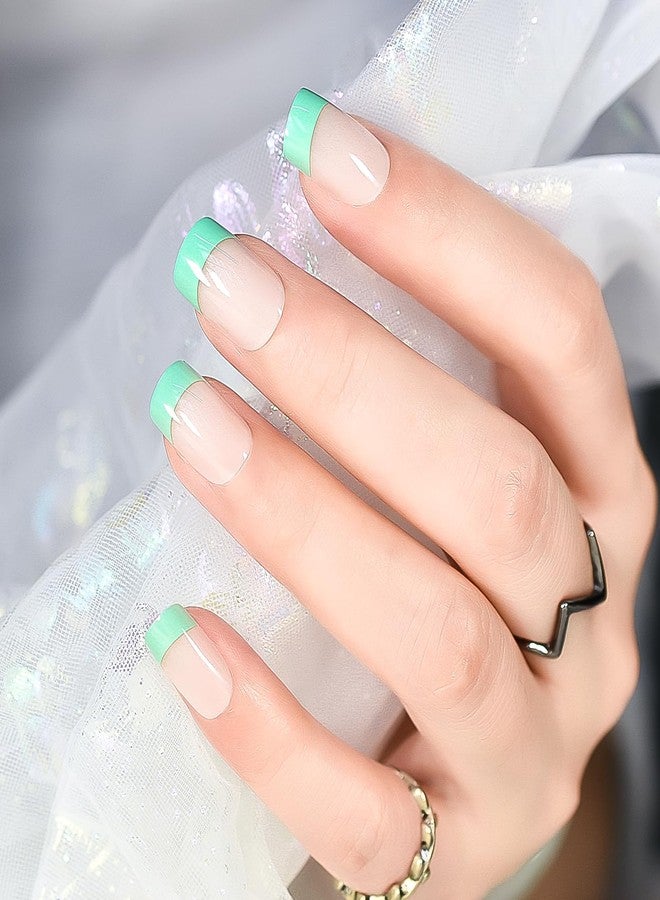IKISKT Press On Nails - Nude Green French Tips l UV Medium Semi Square False Fake Nails, Reusable Glue | 10 Sizes - 24 Nail Kit - Image 4