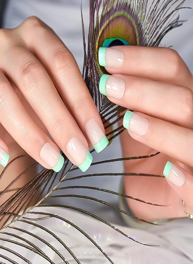 IKISKT Press On Nails - Nude Green French Tips l UV Medium Semi Square False Fake Nails, Reusable Glue | 10 Sizes - 24 Nail Kit - Image 3