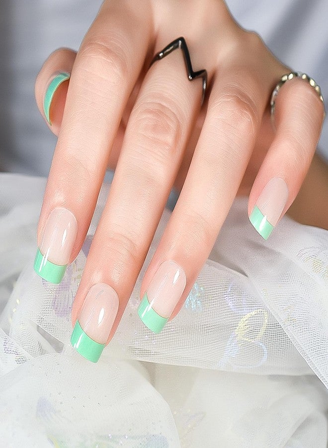 IKISKT Press On Nails - Nude Green French Tips l UV Medium Semi Square False Fake Nails, Reusable Glue | 10 Sizes - 24 Nail Kit - Image 1