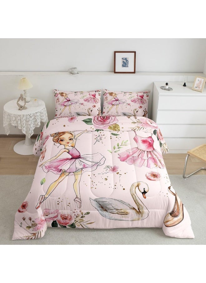 Generic Manfei Ballet Dance Girl Pink Comforter Set for Boys Girls, Fantasy Dancing Dress Shoes All Season Cozy Bedding Set Full Size, Dreamy Swan Watercolor Flowers Duvet Set Bedroom Decor  - Image 1