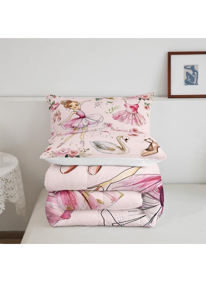 Generic Manfei Ballet Dance Girl Pink Comforter Set for Boys Girls, Fantasy Dancing Dress Shoes All Season Cozy Bedding Set Full Size, Dreamy Swan Watercolor Flowers Duvet Set Bedroom Decor  - Image 5