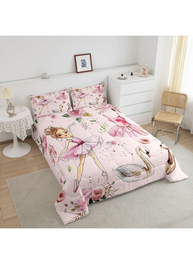 Generic Manfei Ballet Dance Girl Pink Comforter Set for Boys Girls, Fantasy Dancing Dress Shoes All Season Cozy Bedding Set Full Size, Dreamy Swan Watercolor Flowers Duvet Set Bedroom Decor  - Image 3