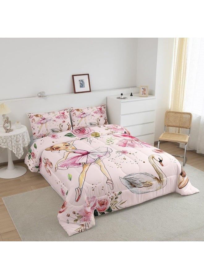 Generic Manfei Ballet Dance Girl Pink Comforter Set for Boys Girls, Fantasy Dancing Dress Shoes All Season Cozy Bedding Set Full Size, Dreamy Swan Watercolor Flowers Duvet Set Bedroom Decor  - Image 2