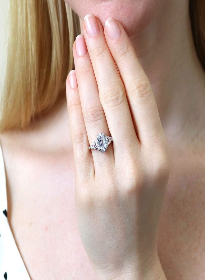 BERRICLE Sterling Silver Halo Wedding Engagement Rings Step Emerald Cut Cubic Zirconia CZ Vintage Inspired Art Deco Ring for Women, Rhodium Plated Size 8.5 - Image 5