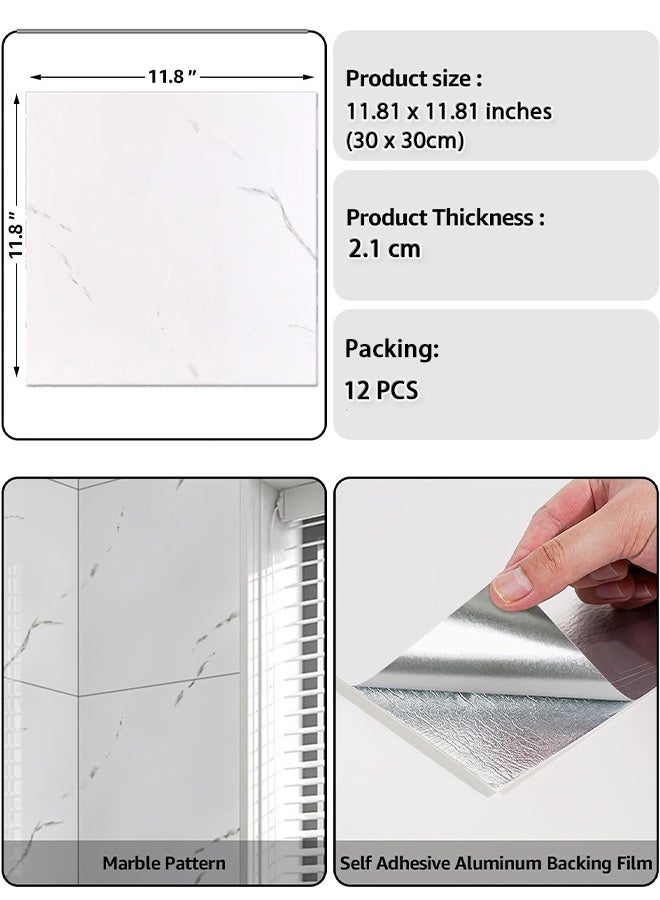MLADEN 12 قطعة من ألواح الجدران المزخرفة ذاتية اللصق، ألواح ديكور حائط من مادة البولي فينيل كلوريد، ورق جدران ذاتي اللصق من الحجر الصناعي، ورق جدران من مادة البولي فينيل كلوريد المزخرفة لديكور المنزل والمكتب، 30×30 سم أبيض - Image 2