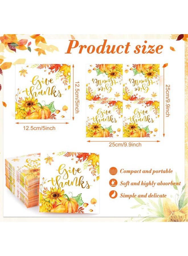 Meanplan 100 Pieces Thanksgiving Napkins Disposable Dinner Napkins Fall Give Thanks Napkins Leaf Pumpkin Sunflower Fall Napkins Cocktail Dessert Napkins for Party Supplies Table Decor, 5 x 5 Inches - Image 3