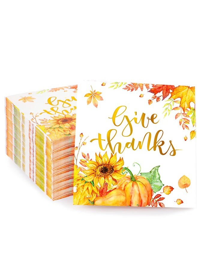 Meanplan 100 Pieces Thanksgiving Napkins Disposable Dinner Napkins Fall Give Thanks Napkins Leaf Pumpkin Sunflower Fall Napkins Cocktail Dessert Napkins for Party Supplies Table Decor, 5 x 5 Inches - Image 1