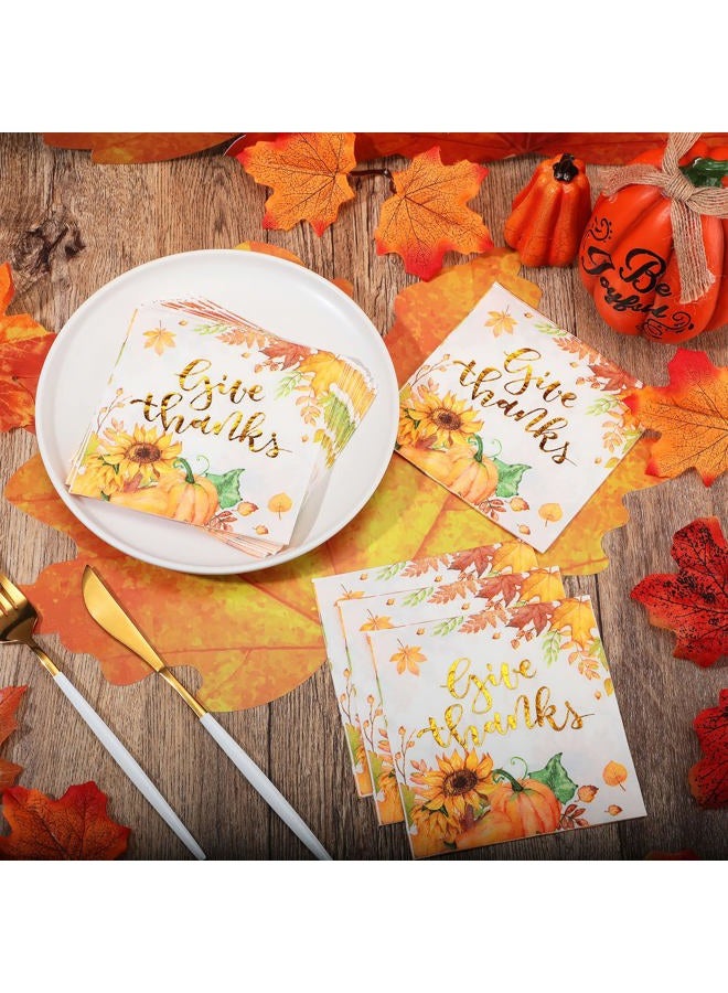 Meanplan 100 Pieces Thanksgiving Napkins Disposable Dinner Napkins Fall Give Thanks Napkins Leaf Pumpkin Sunflower Fall Napkins Cocktail Dessert Napkins for Party Supplies Table Decor, 5 x 5 Inches - Image 4