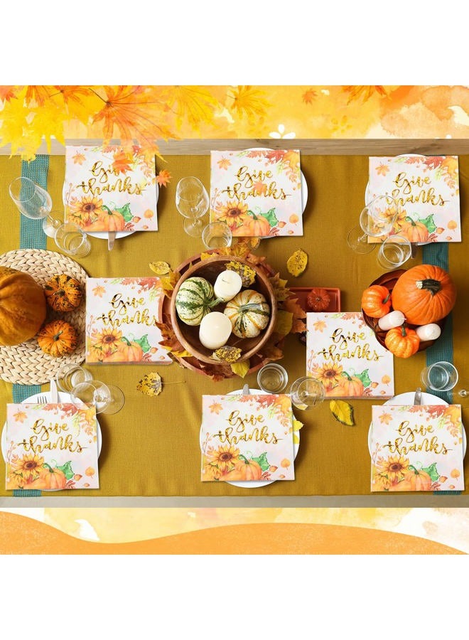 Meanplan 100 Pieces Thanksgiving Napkins Disposable Dinner Napkins Fall Give Thanks Napkins Leaf Pumpkin Sunflower Fall Napkins Cocktail Dessert Napkins for Party Supplies Table Decor, 5 x 5 Inches - Image 2