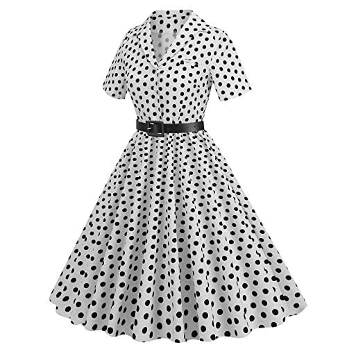 ODIZLI 1950s Dresses for Women 50s Style Polka Dot Audrey Hepburn Vintage 1940s Rockabilly Retro Short Sleeve Summer A Line Swing Dress Midi Skater Dress Cocktail Party Evening Prom Gown White Polka Dot S - Image 2