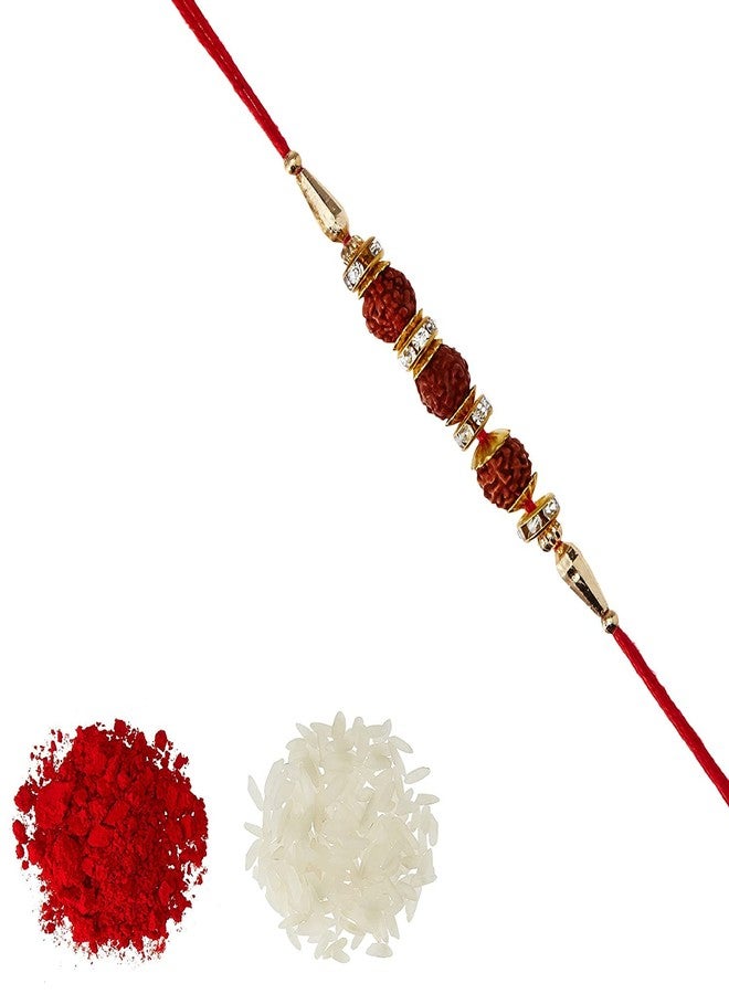 VTFlair Fancy Rudraksha AD Ring Rakhi with Roli Chawal Tilak For Men Boys (Golden) Rakhi for Bhai-054