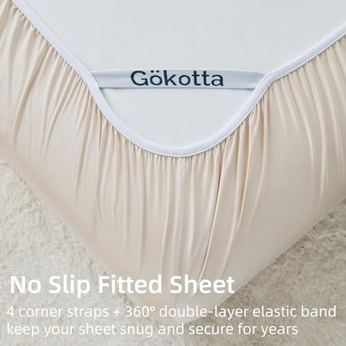 GOKOTTA King Size Sheets Set 4 Pcs,100% Rayon Derived from Bamboo,Cooling Sheets King Size for Hot Sleepers,16 Inch Deep Pocket King Sheets with Elastic Corner Straps, Silky Soft & Breathable - Beige - Image 4