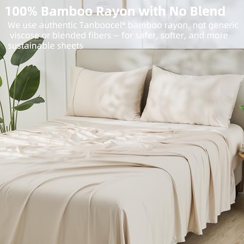GOKOTTA King Size Sheets Set 4 Pcs,100% Rayon Derived from Bamboo,Cooling Sheets King Size for Hot Sleepers,16 Inch Deep Pocket King Sheets with Elastic Corner Straps, Silky Soft & Breathable - Beige - Image 3