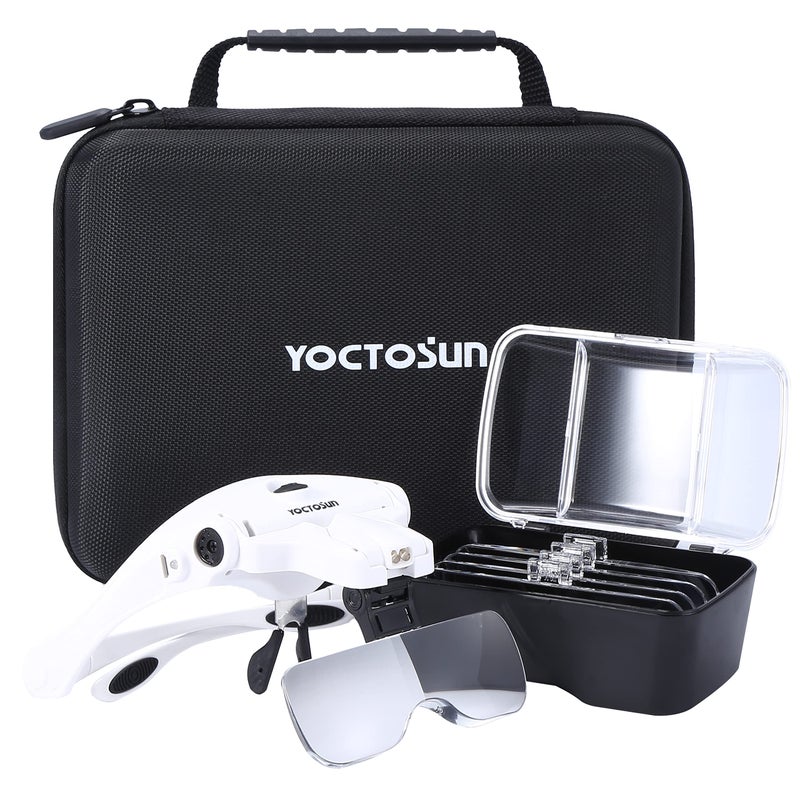 YOCTOSUN Magnifying Glasses with Light Head Mount Magnifier with 5 Lenses Headband Storage Case Hands Free LED Lighted Head Magnifying Visor for Close Work Hobby Crafts