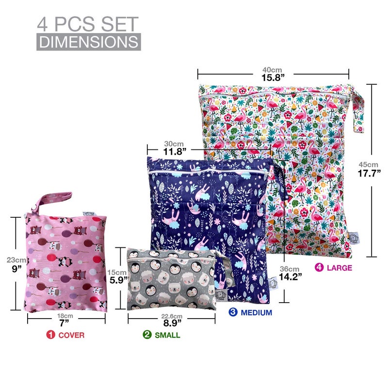 FLOCK THREE 4pcs Waterproof Wet Bag Reusable for Wet Clothes Baby Diapers Stroller Swimsuit Travel Reusable toiletries Pouch Small and Larger Electronics case 4 Pack (Windy Days) - Image 2