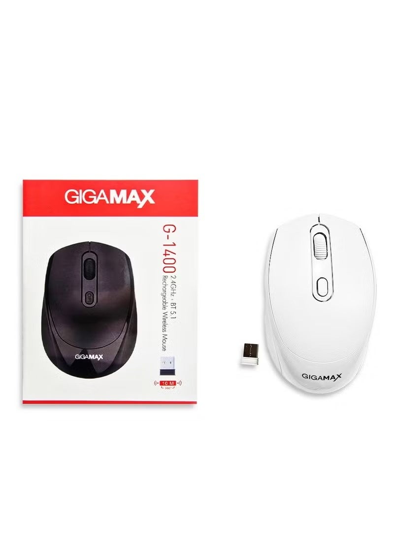 جيجاماكس ماوس مكتب لاسلكي GIGAMAX G-1400 – ماوس بوظيفة مزدوجة (سلكي / لاسلكي) بدقة 1600 DPI، مع 3 أوضاع اتصال (بلوتوث + 2.4 جيجا لاسلكي + سلكي USB)، بطارية قابلة لإعادة الشحن طويلة الأمد، تصميم مريح بـ 4 أزرار للتحكم، متوافق مع الكمبيوتر، اللابتوب، وMac - Image 1