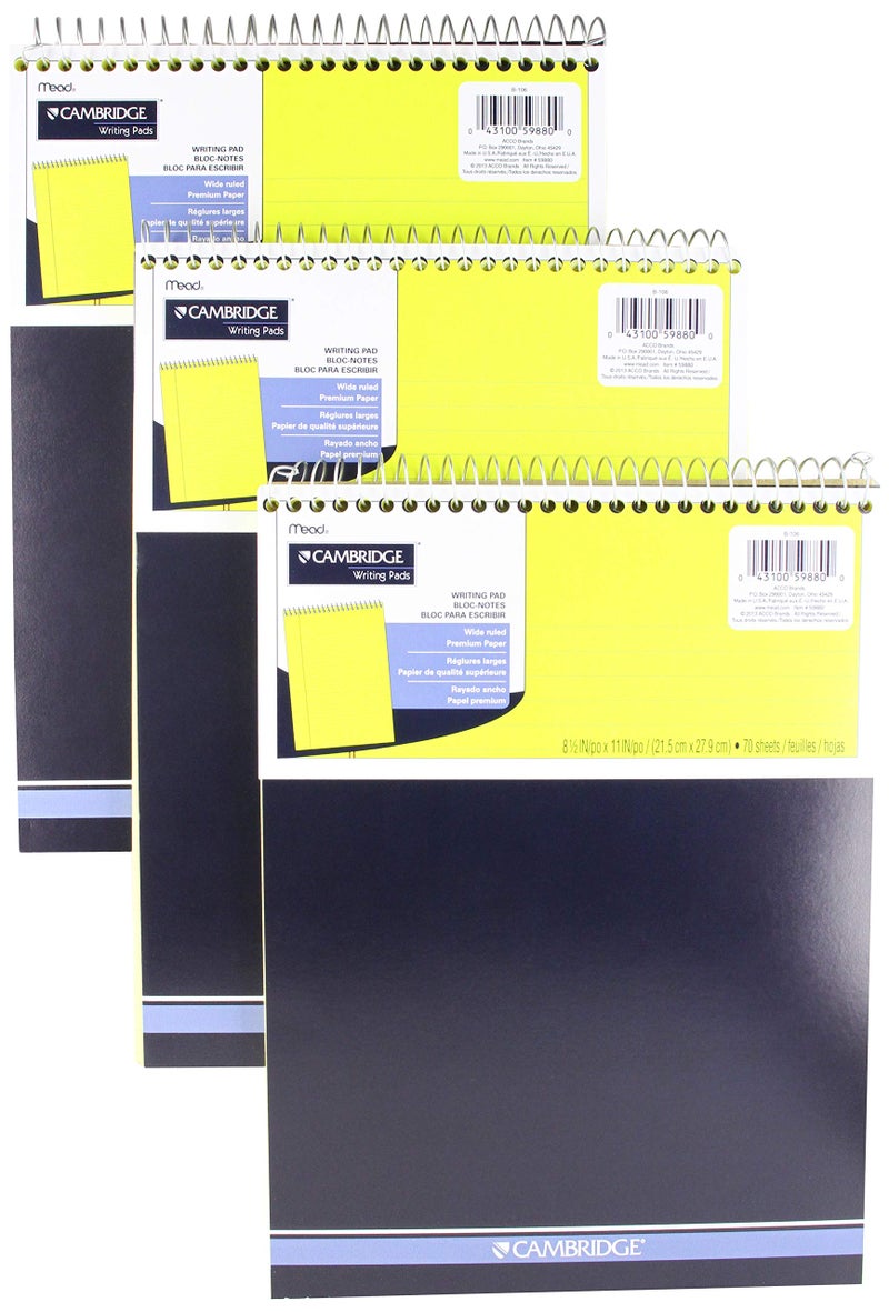Cambridge Legal Pad, Top Spiral Bound, Wide Ruled Paper, 70 Sheets Count, 8-1/2" x 11", (3 Pack) - Image 1
