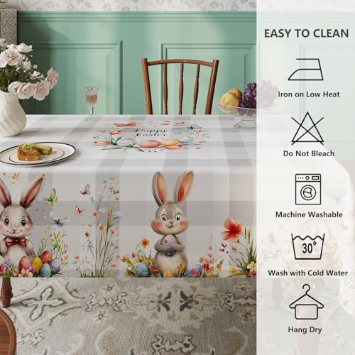 Esmorah Easter Tablecloth Rectangle 60x84 Inch, Grey Plaid Bunny Happy Easter Tablecloths, Spillproof Wrinkle Resistant Durable Washable Table Cover for Spring Picnic Dinner Table - Image 4