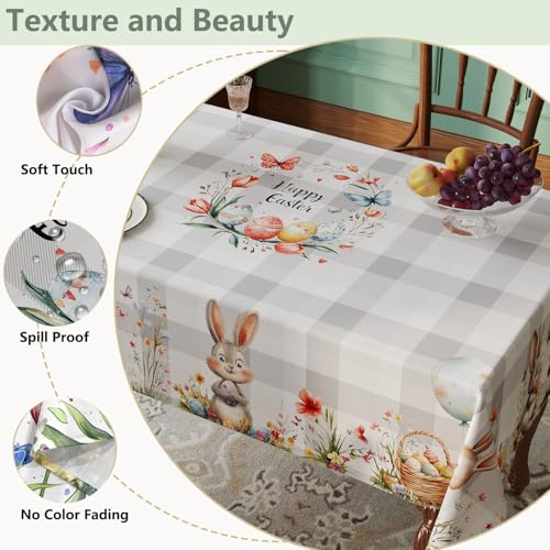 Esmorah Easter Tablecloth Rectangle 60x84 Inch, Grey Plaid Bunny Happy Easter Tablecloths, Spillproof Wrinkle Resistant Durable Washable Table Cover for Spring Picnic Dinner Table - Image 3
