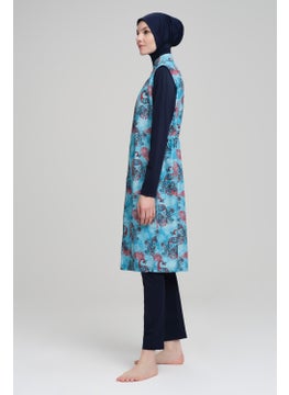 Nehar Shawl Patterned Navy Blue Vest 3 Piece Hijab Swimsuit Set 2210  - Image 3