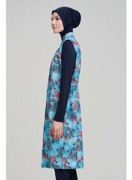 Nehar Shawl Patterned Navy Blue Vest 3 Piece Hijab Swimsuit Set 2210  - Image 4