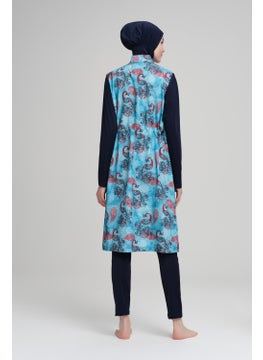 Nehar Shawl Patterned Navy Blue Vest 3 Piece Hijab Swimsuit Set 2210  - Image 2