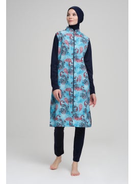 Nehar Shawl Patterned Navy Blue Vest 3 Piece Hijab Swimsuit Set 2210  - Image 1