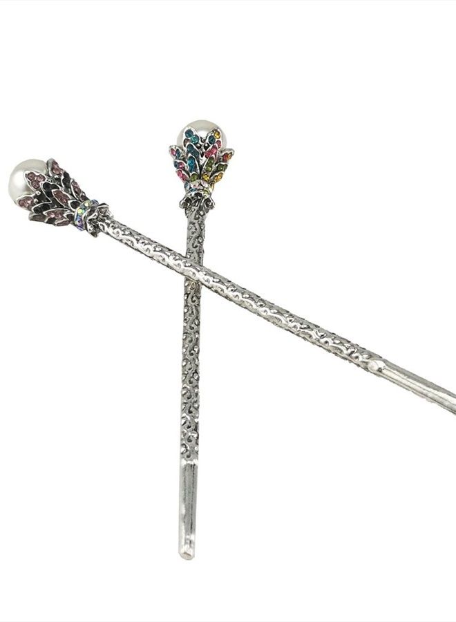 Yueton Pack of 2 Vintage Rhinestone Pearl Hair Stick Vintage Hair Chopsticks Hairpin Chignon Pin (Pink+Colorful) - Image 1
