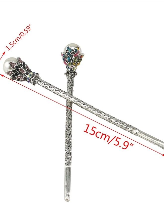 Yueton Pack of 2 Vintage Rhinestone Pearl Hair Stick Vintage Hair Chopsticks Hairpin Chignon Pin (Pink+Colorful) - Image 3