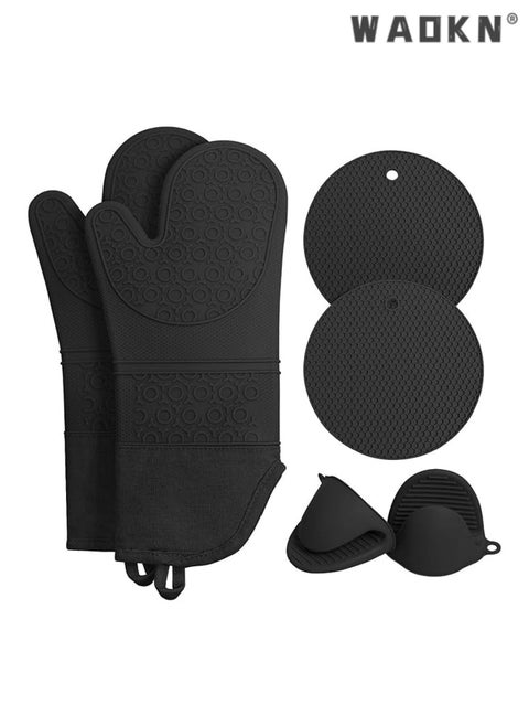 Oven Mitts Set, Heat Resistant Silicone Gloves Anti-Hot Trivets Mats Cauldron Pan Dish Holders with Non-Slip for Kitchen Baking Cooking 6 Pcs Black