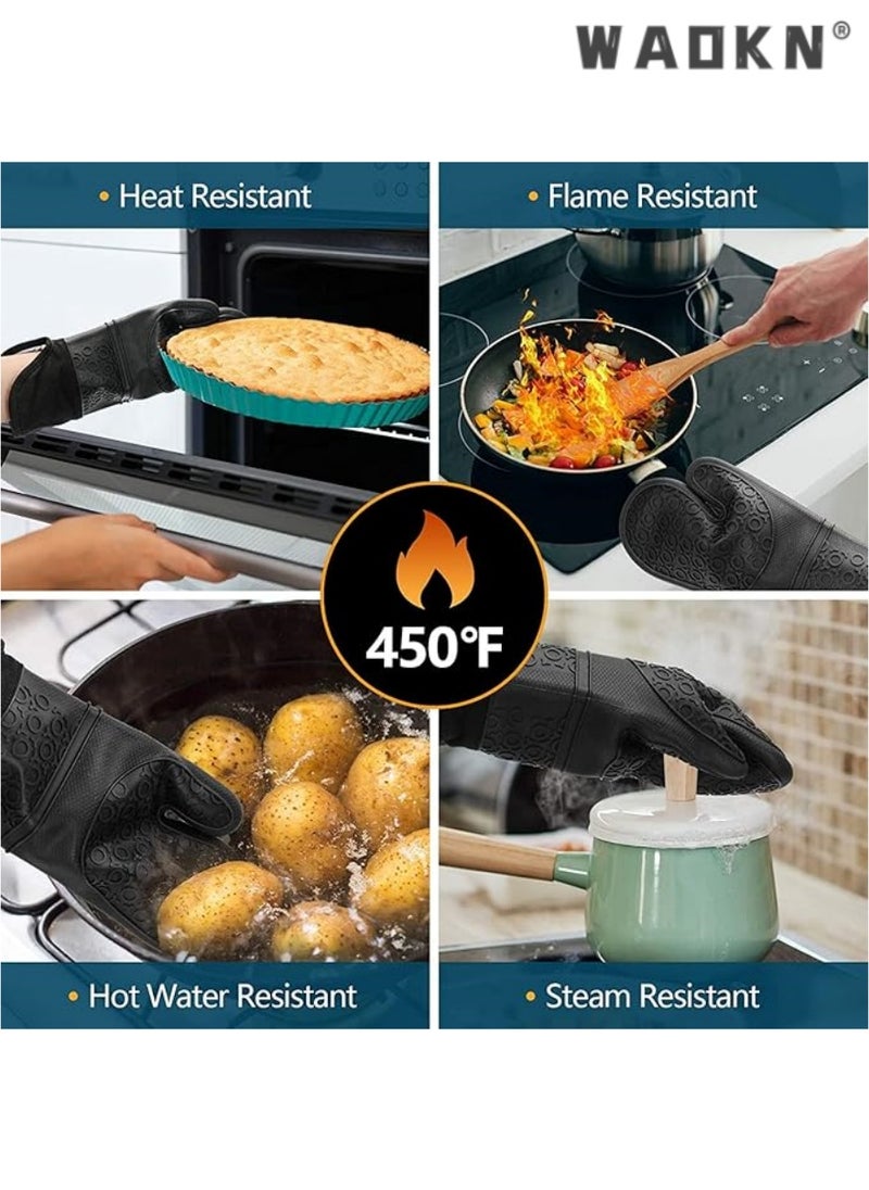 WAOKN Oven Mitts Set, Heat Resistant Silicone Gloves Anti-Hot Trivets Mats Cauldron Pan Dish Holders with Non-Slip for Kitchen Baking Cooking 6 Pcs Black  - Image 4