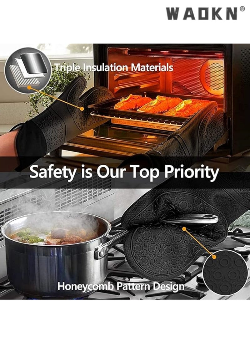 Oven Mitts Set, Heat Resistant Silicone Gloves Anti-Hot Trivets Mats Cauldron Pan Dish Holders with Non-Slip for Kitchen Baking Cooking 6 Pcs Black