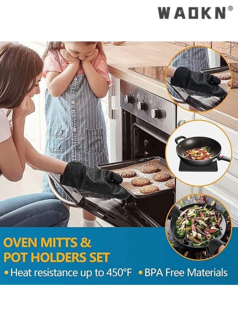 WAOKN Oven Mitts Set, Heat Resistant Silicone Gloves Anti-Hot Trivets Mats Cauldron Pan Dish Holders with Non-Slip for Kitchen Baking Cooking 6 Pcs Black  - Image 2